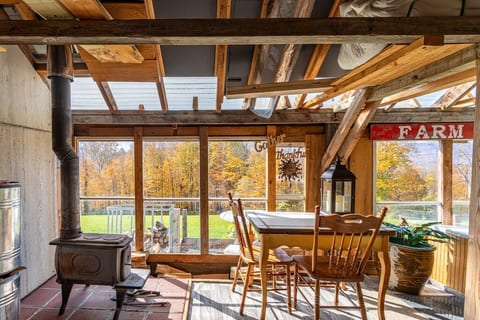 Wood stove (we supply all the firewood), eating table and chairs.