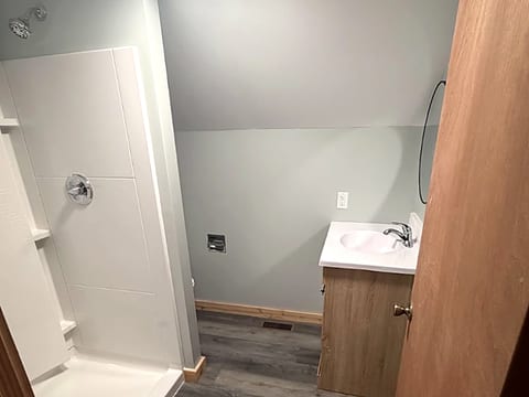 Clean modern bathroom with walk-in shower and sleek vanity