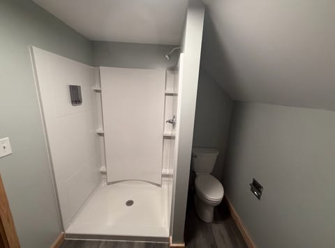 Modern bathroom with walk-in shower and sleek updated finishes