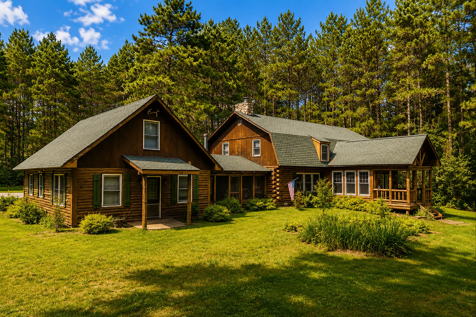 Private woodland cabin with spacious lawn and charming rustic appeal