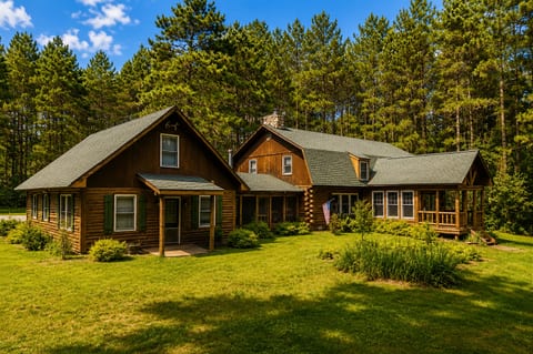 Private woodland cabin with spacious lawn and charming rustic appeal