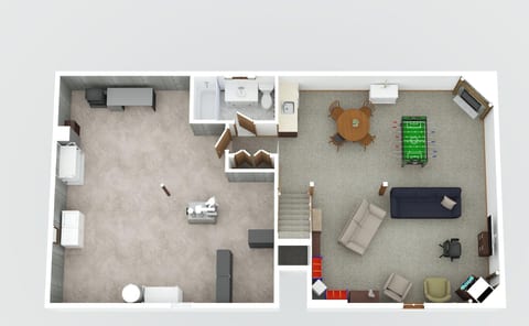 Basement layout with game room, seating area, bath, and bonus spaces.