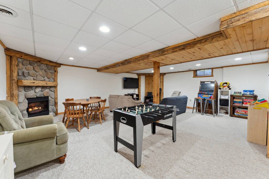 The lodge basement game room is a great place to spend your time having fun (kids and adult kids). Enjoy the PS4 & Wii with lots of games, full size arcade game with 3,000 games, foosball, arts and crafts area with supplies, board games, and more. The lodge basement game room is a great place to spend your time having fun (kids and adult kids). Enjoy the PS4 & Wii with lots of games, full size arcade game with 3,000 games, foosball, arts and crafts area with supplies, board games, and more. - Eagle Bluff Estate - Mauston