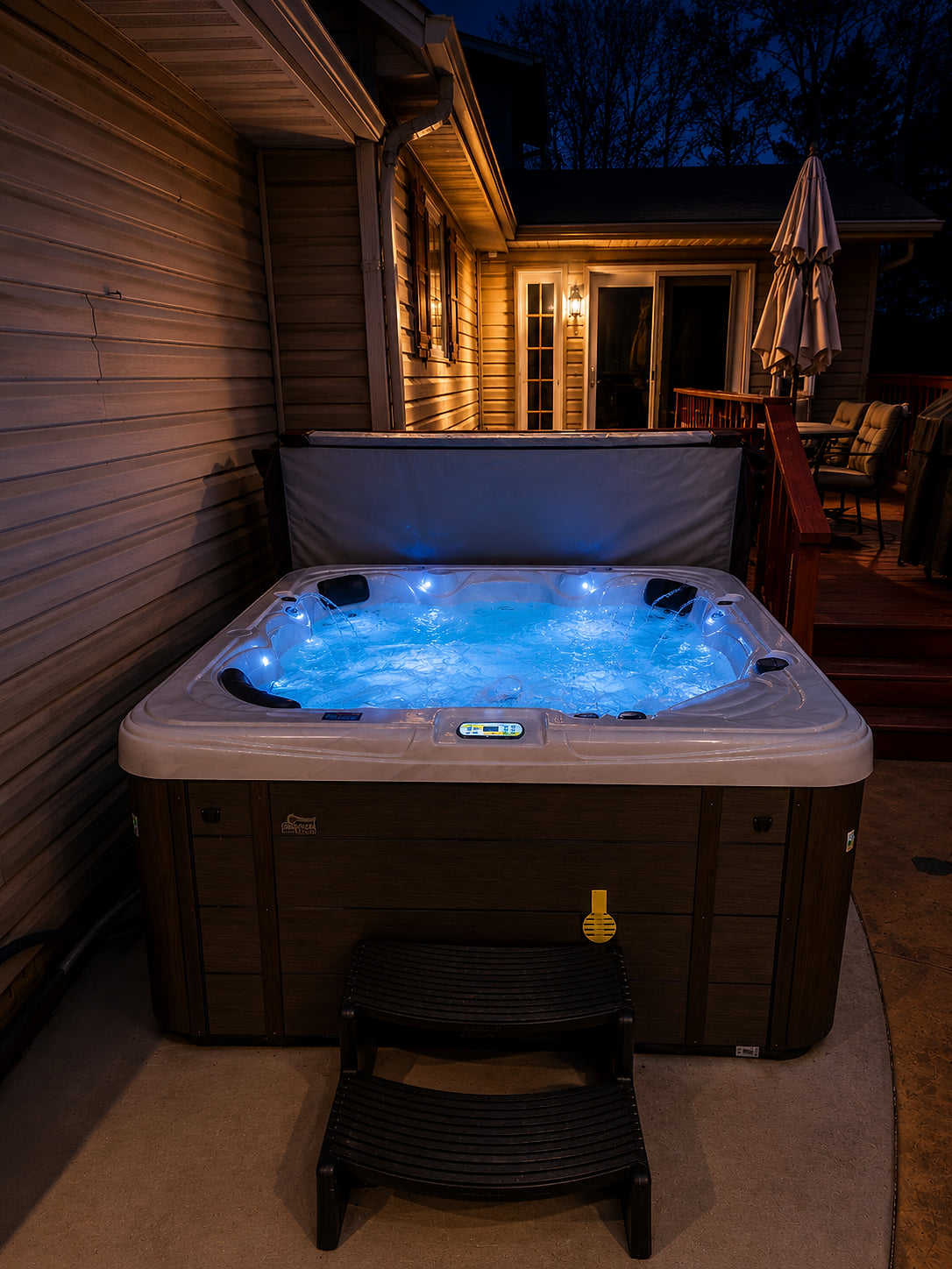 Private outdoor hot tub with cozy evening ambiance and deck seating