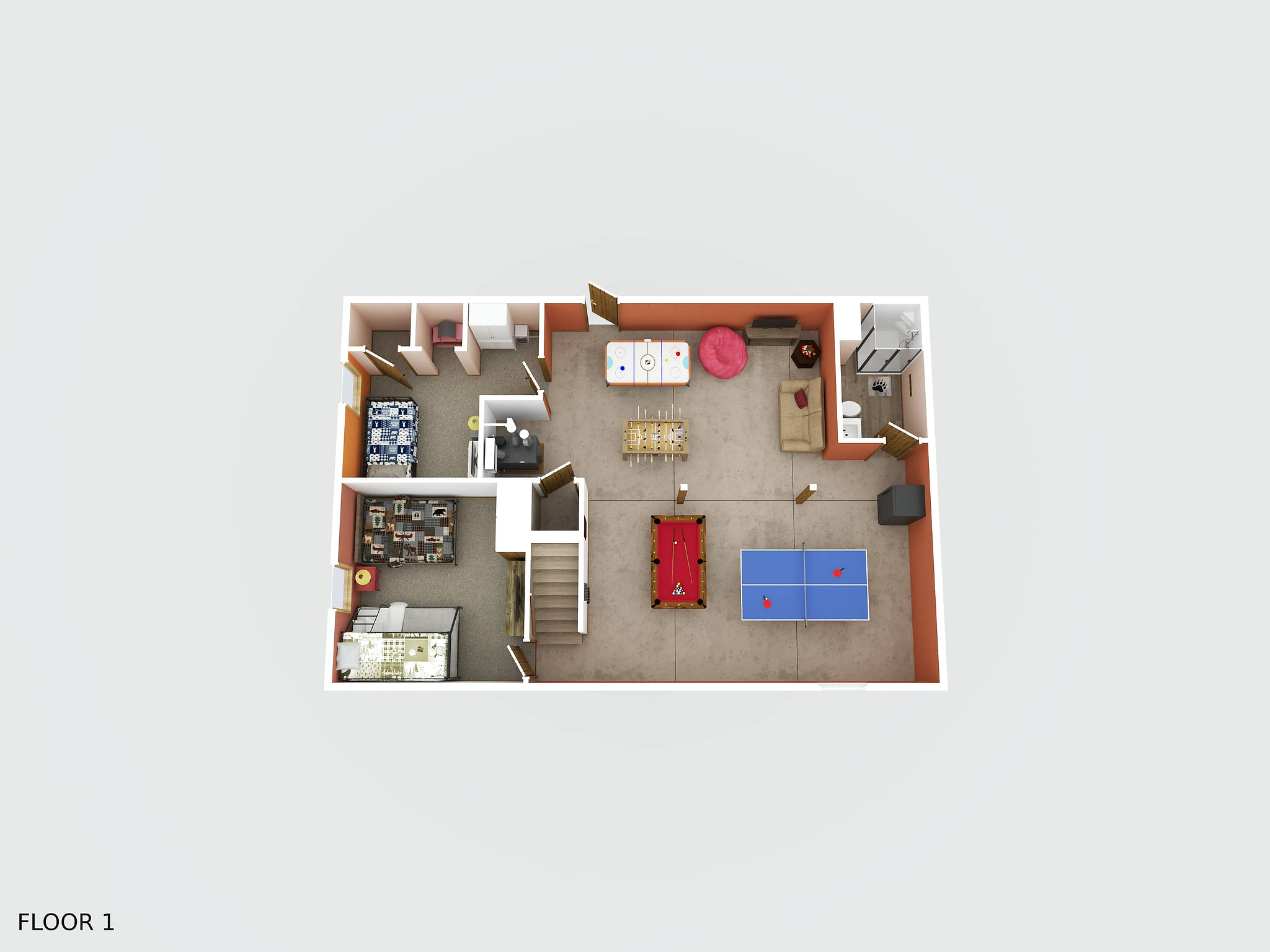 Welcome to the ultimate game room floor! Enjoy pool, ping pong, foosball & air hockey, plus a cozy lounge area with TV and PS4. Two bedroom and full bath make this level ideal for fun-filled family stays or group hangouts.