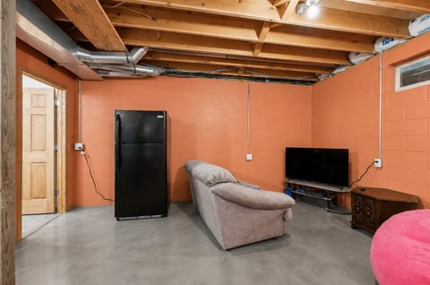 Casual basement lounge with TV, loveseat, and full-size fridge