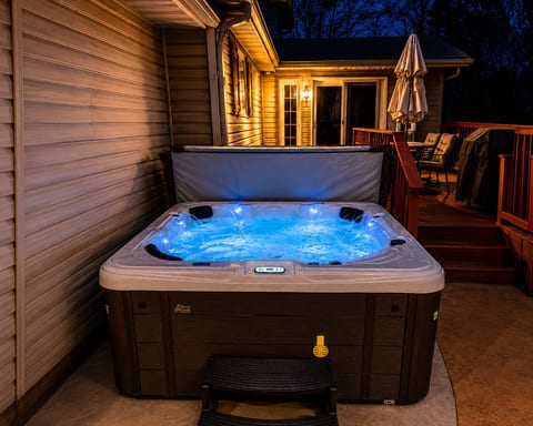 Relax in the private hot tub under warm evening lights