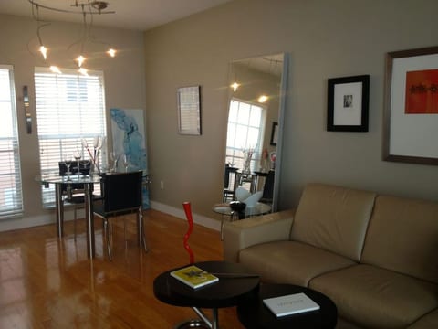 Modern living, dining gathering space.