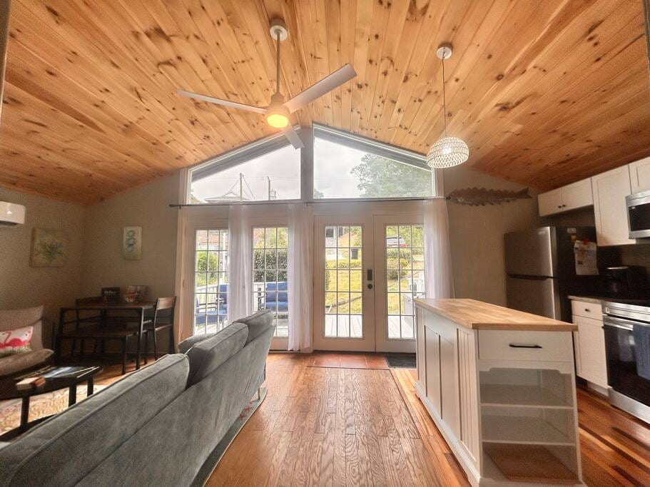 The bright and airy living room and kitchen