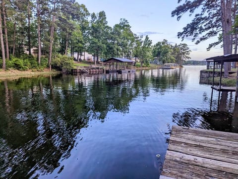 Around 10 - 15 ft. deep, depending on the lake levels.