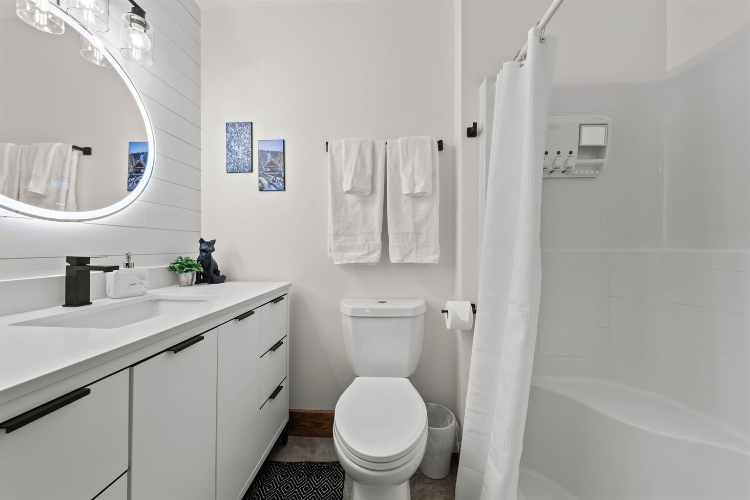 Bright bathroom with shampoo, conditioner and body wash are supplied. - Fox Cub Creekside - Sun Peaks