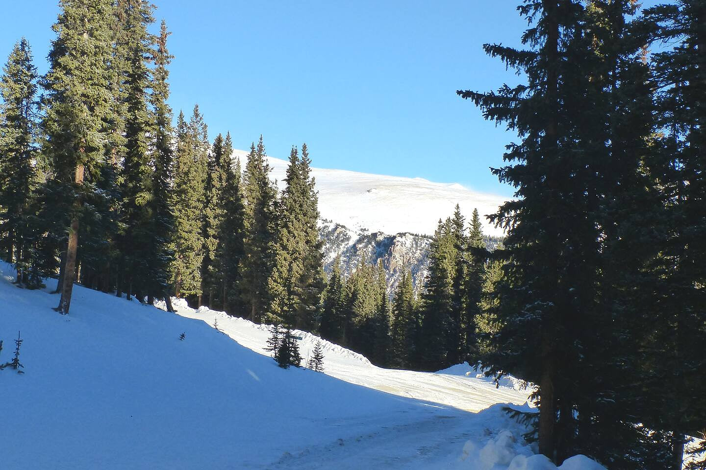 Snow packed roads to access the house in the winter,  with beautiful views of mountains and pine trees. It's such a beautiful drive up the mountain to our cabin at 11k. 