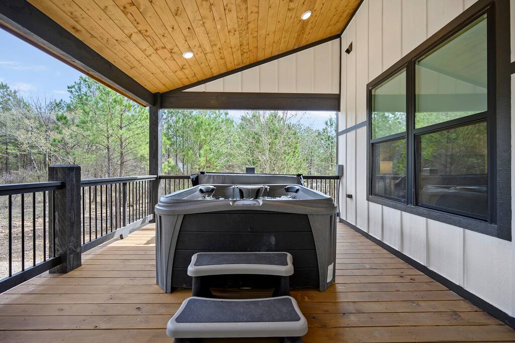 Brand new hot tub for 6, with beautiful views of the trees. - Billiard Breezeway - Stunning Detached Gameroom! - Broken Bow