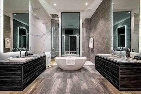Spa bathroom with oval tub and massive walk-in rain shower
