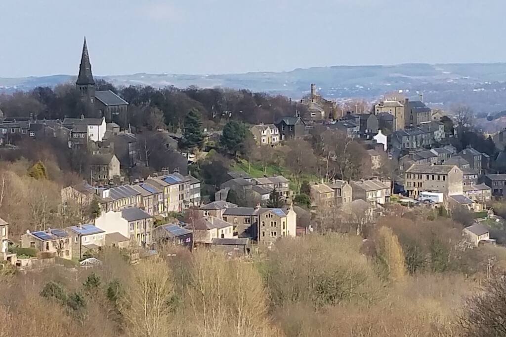 View from over the valley back to the house - beautiful local views all around - 7 Bed House 3 Storey Sleeps 13 get-together house - Golcar