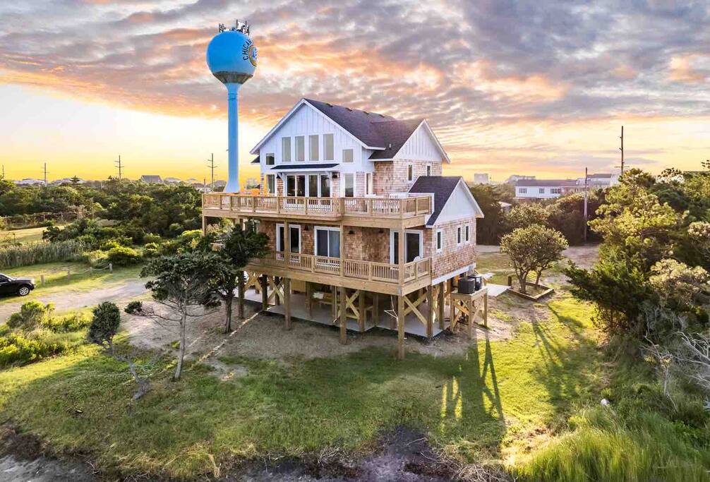 Back of the house aerial view - NEW soundfront home 360 Water Views  Private Beach - Rodanthe