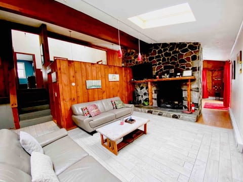 Large living room with fireplace on main level. To the right is a sliding glass door to the indoor pool.