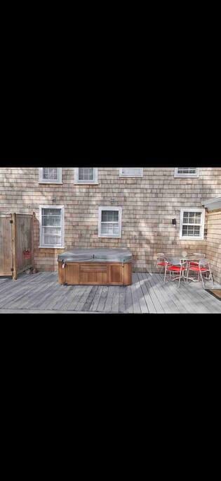 Hot tub, deck and outdoor shower.