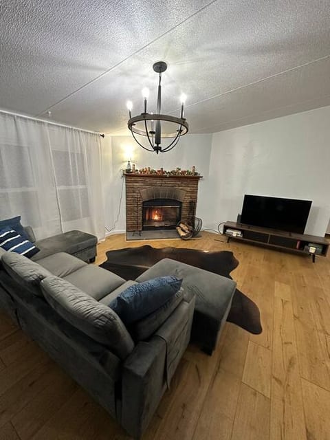 Living room with Smart TV and a fireplace
