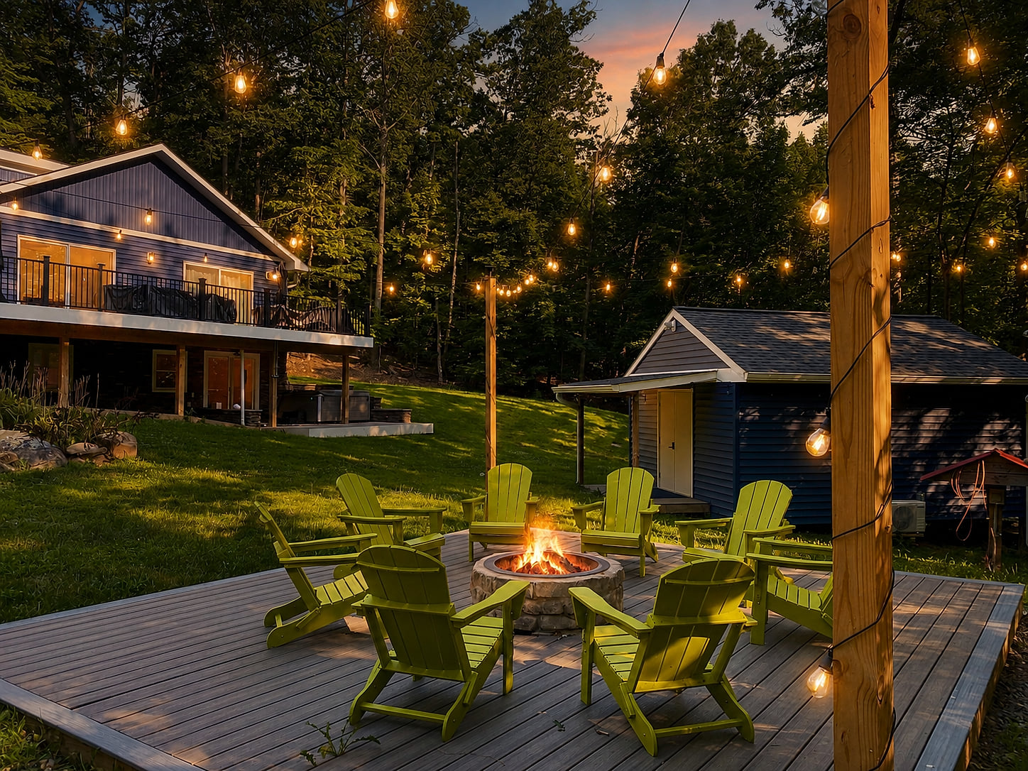 Cozy fire pit patio with string lights in a serene wooded setting