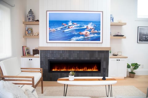 75" Art TV and gas fireplace