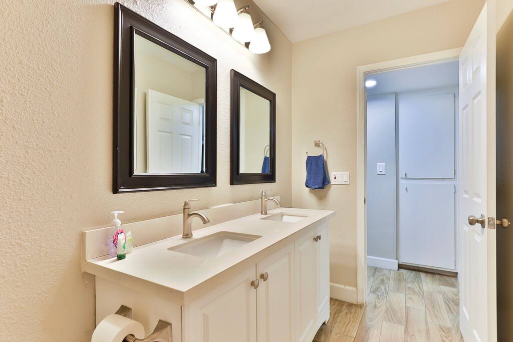 Dual vanity in the guest bathroom