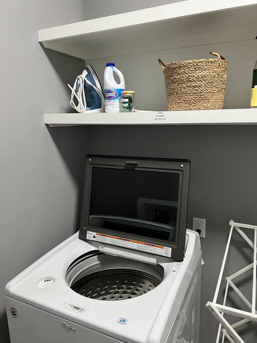 Iron, steamer, bleach, laundry pods in case you need to wash anything!