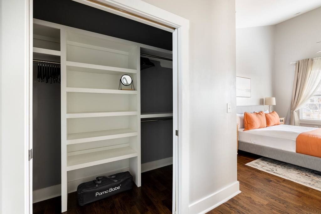 Ample storage with a walk-in closet, hangers and pack-n-play