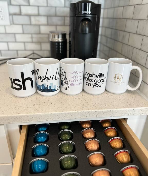 Unlimited regular & decaf coffee pods for our premium Nespresso coffee maker that includes a milk frother. Also, includes creamer, sugar varieties, and assorted tea flavors.