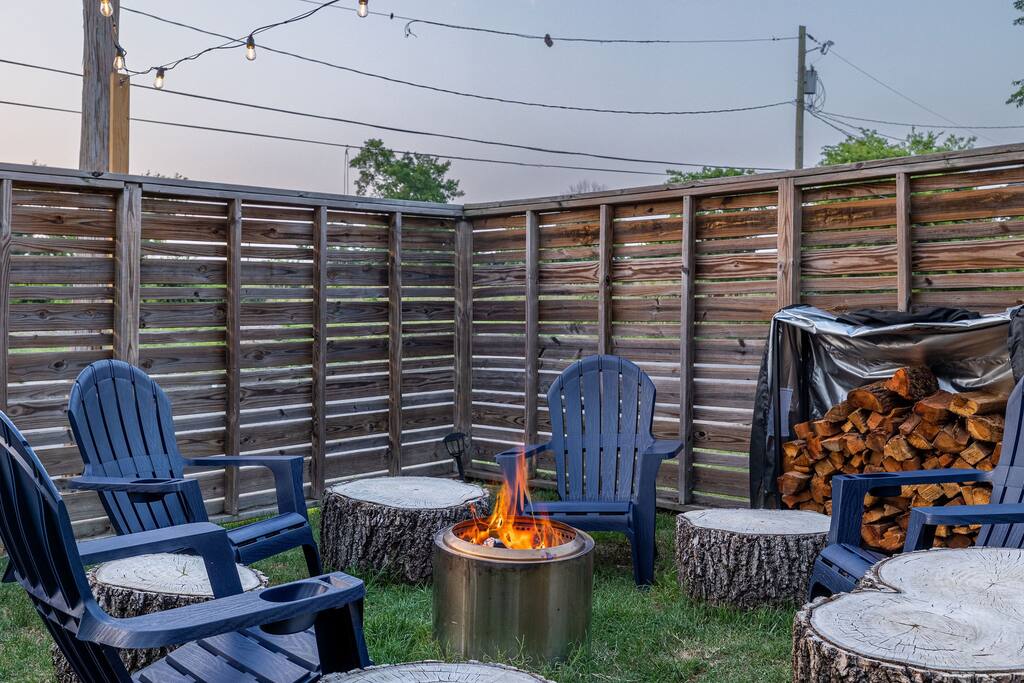 Enjoy a drink or s'more over a fire under the stars in our fire pit area equipped with a smokeless SoloStove bonfire, firewood, tools and stump seating.
