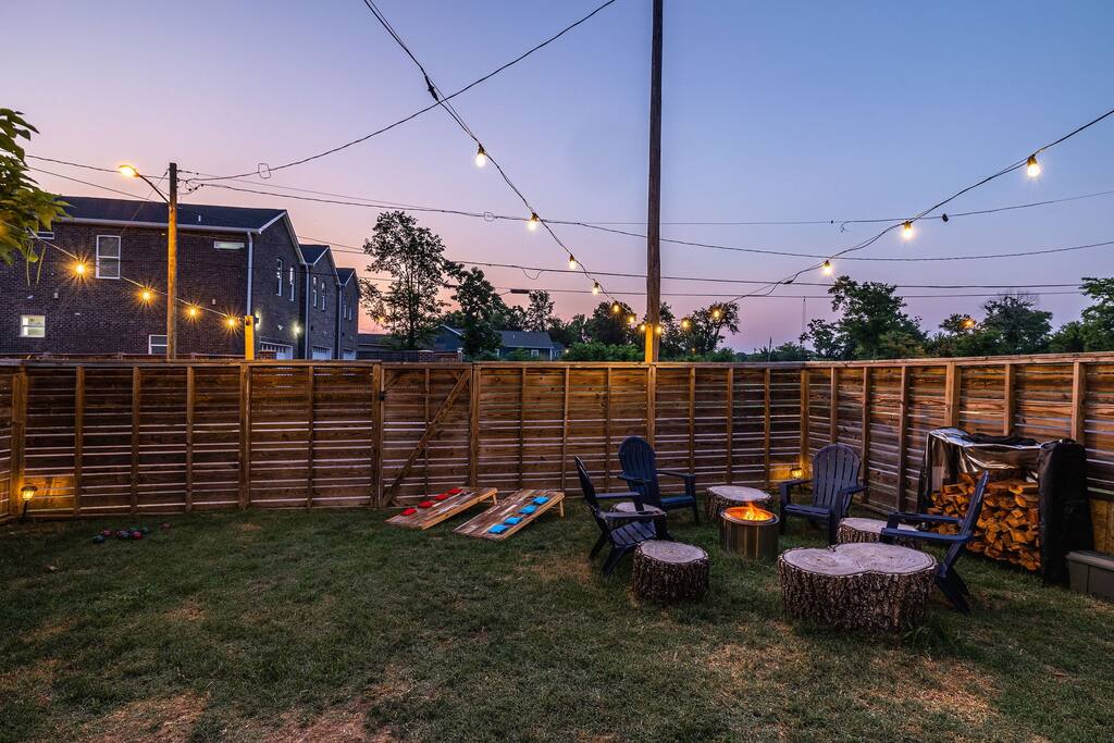 Play some cornhole at golden hour near the fire pit.