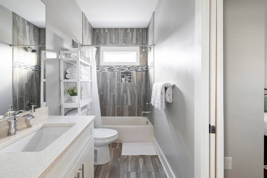 Jack and Jill bathroom comes equipped with full amenities and blow driers.