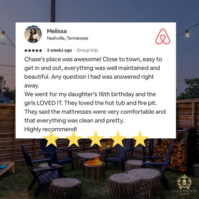 Backyard | Fire Pit Lounge | Guest Review Highlight
Cozy fire pit area with string lights and stump seating, featured with a 5-star guest review praising the hot tub, comfy beds, and perfect setup for a fun group stay.