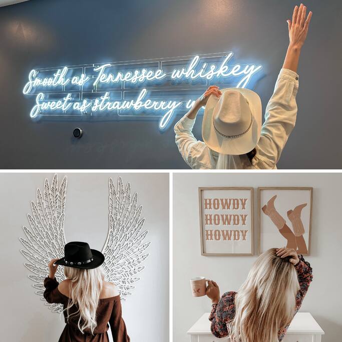 Indoor Decor | Photo Spots | Insta-Worthy Moments
Snap the perfect pic at our neon “Tennessee Whiskey” sign, metallic wings wall, and fun “Howdy” art—three iconic spots made for bachelorette vibes and unforgettable group memories.