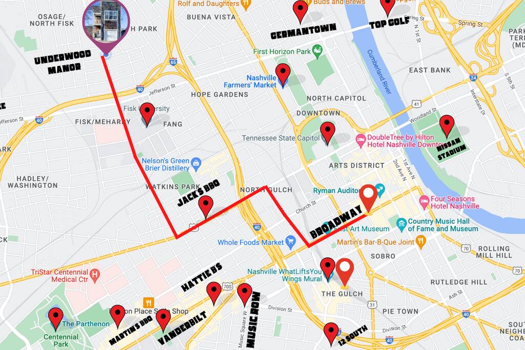Map | Location Overview | Proximity to Downtown
Custom map showing Underwood Manor’s prime location just minutes from hotspots like Broadway, Nissan Stadium, and Top Golf—ideal for quick, easy access to Nashville’s best attractions.
