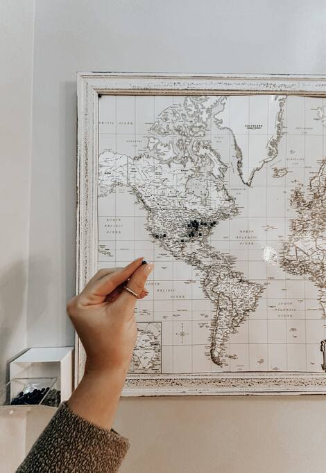 Wall Decor | Guest Map | Interactive Touch
Framed push-pin world map where guests can mark where they’re visiting from—adding a fun, personal touch to your stay at Underwood Manor.