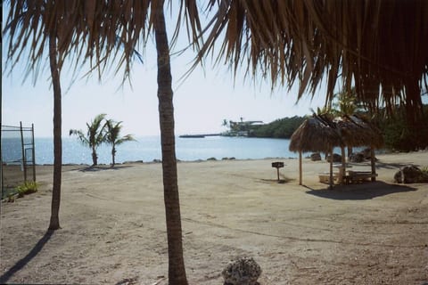 Nice tropical beach setting tennis court, tiki huts, and bbq grill