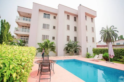 Outside view of swimming pool and building