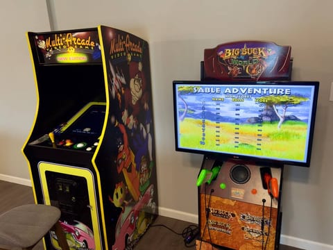 Big Buck Hunter has three modes. It is mainly set to Easy mode but as you progress, you can make it harder.
Turn on at both machines with the Surge Protector. Turn on monitor with button on right side of Buck Hunter.