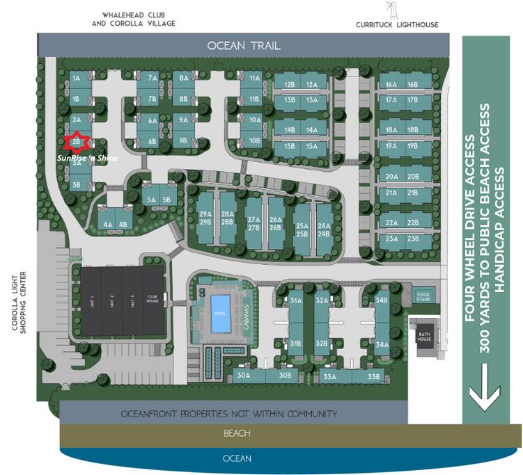 Not to scale community site map.  Walking distance to everything you need - SunRise 'n Shine Beach House, OBX - Corolla