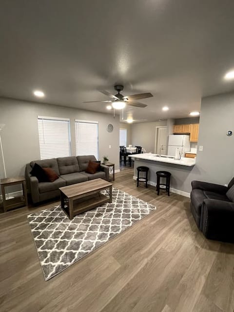 Living Room. Recessed Lighting, Ceiling Fan, 55 inch Smart HD Television with Streaming Services including Netflix and Amazon Prime Video. Central Heat and AC.