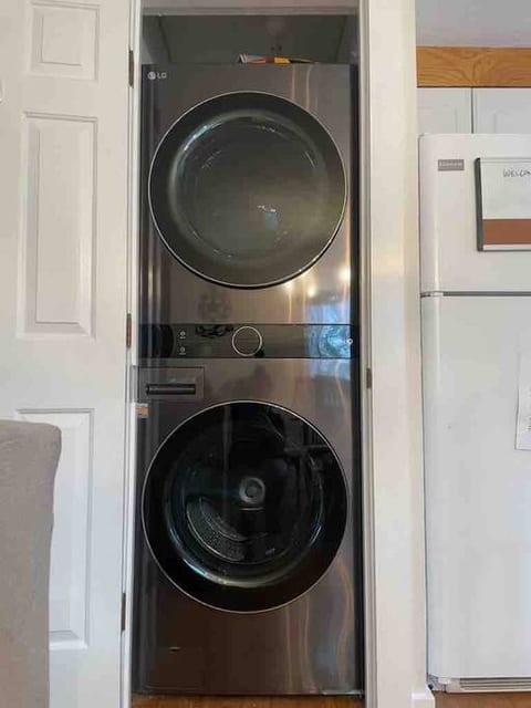 Full size stack washer and dryer for your use. Detergent provided.