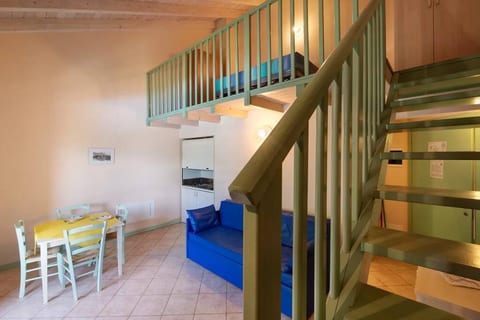 Divano con due letti singoli estraibili angolo cottura, tavolo, TV nella zona giorno e 2 letti singoli o letto matrimoniale nel soppalco, ampio armadio accessoriato, biancheria da camera inclusa.
