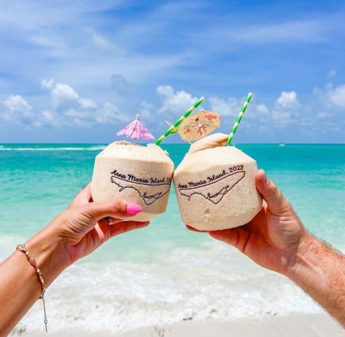 Freshly harvested coconuts await your arrival for every person in your booking. (No additional charge). So plan to grab a coconut, set up your beach chair and put your feet in the white sands of Anna Maria Island. Cheers to a relaxing getaway!