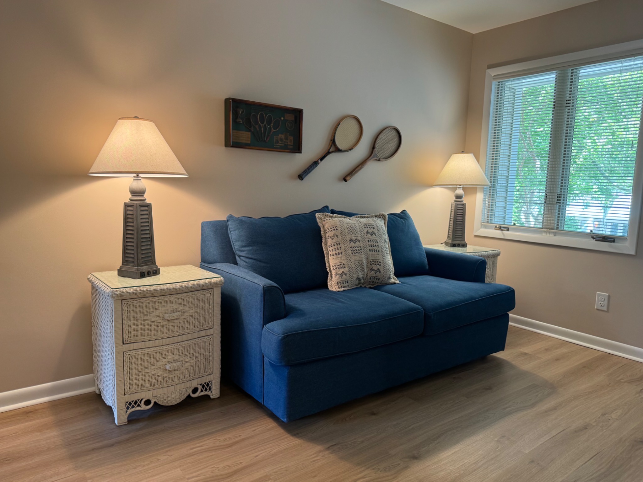 Landing has lamps with usb for chargers and leads to hall bath and bedrooms. - Serving Sand - Bethany Beach