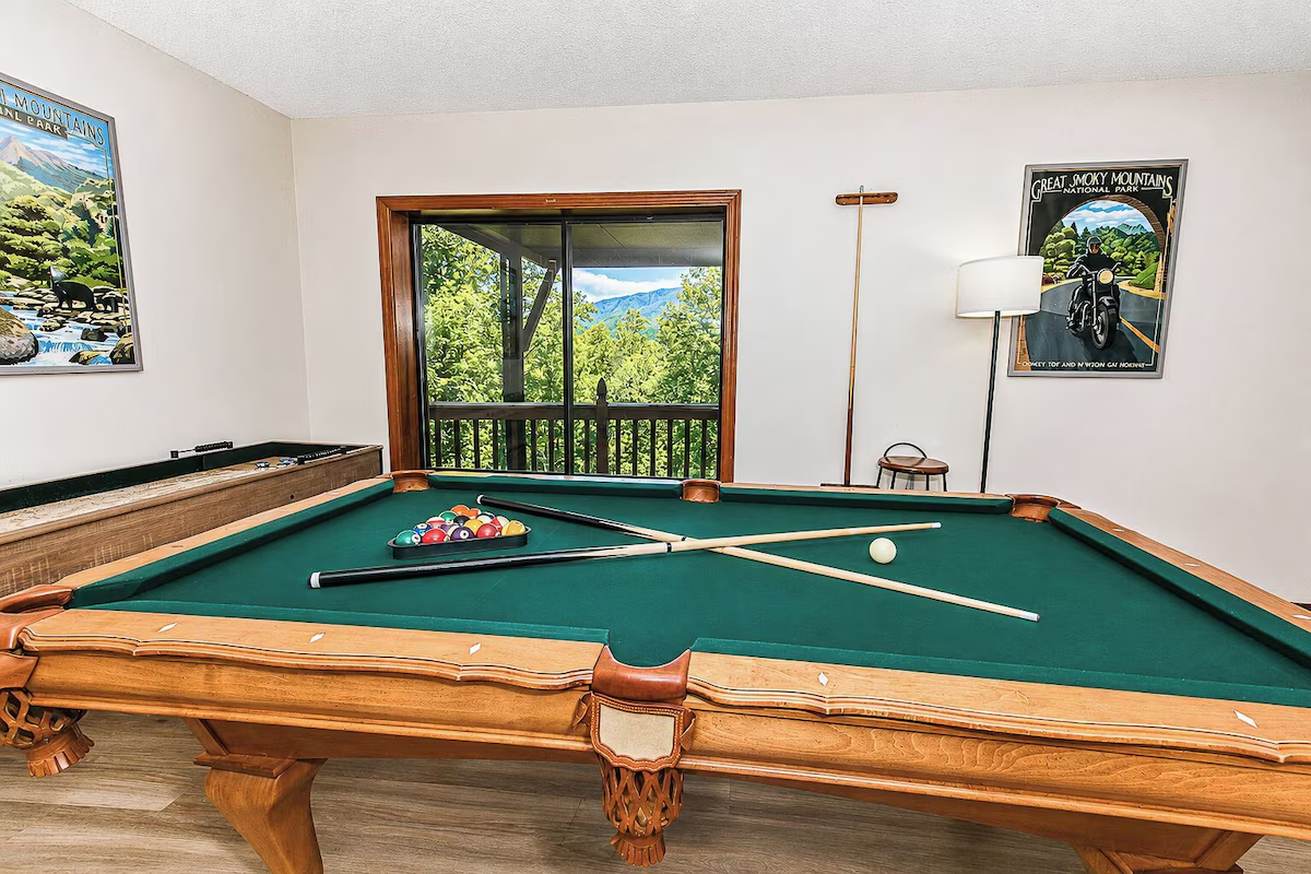 Game room with a window view.