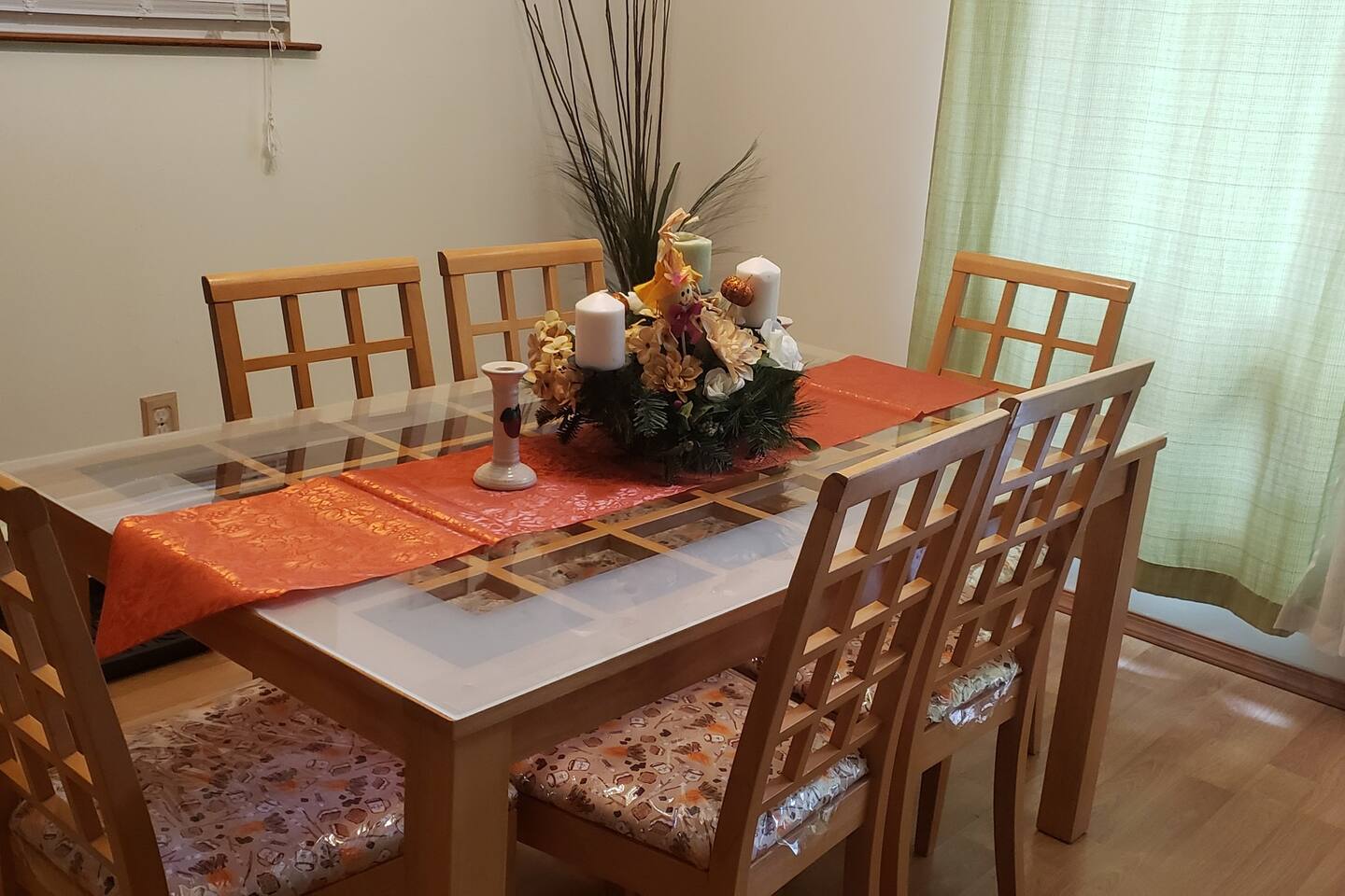 Dining Room decorated for Fall. Chairs reupholstered (in 2020) with campfire s'mores details. 