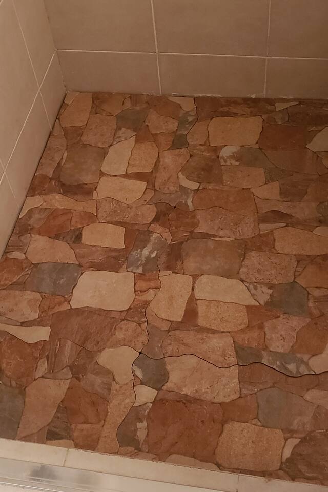 Brand new shower floor installed 2020! Now you can feel like you showering on river rocks in the woods! Shower big enough for 2. ;) We are always finding ways to make your experience enjoyable and unique!