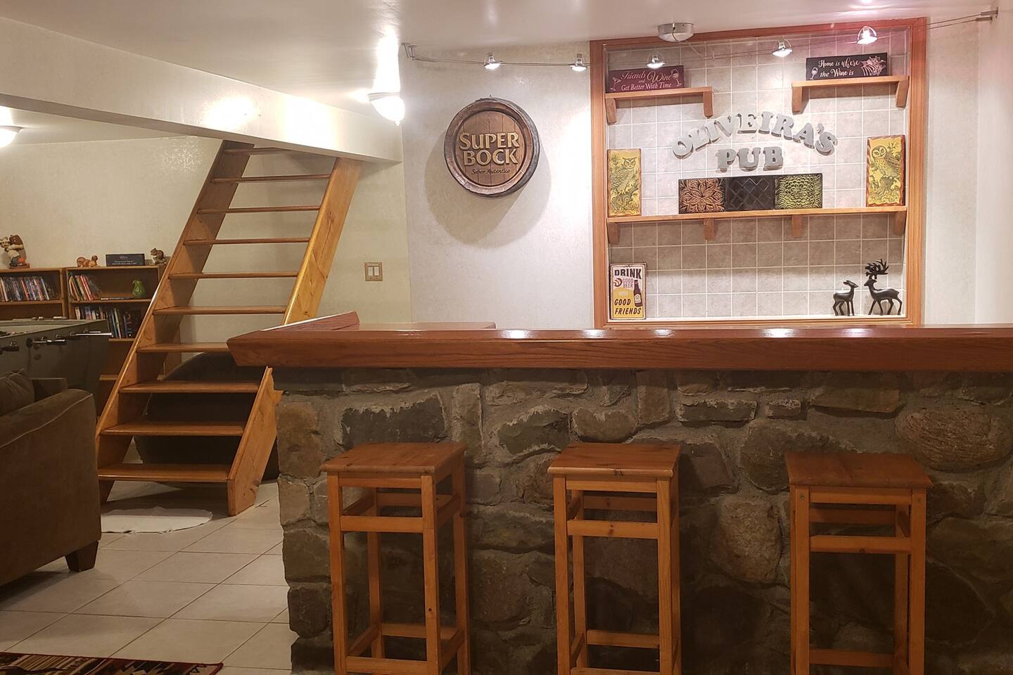 Media/Game area on one side, bar on the other, something for everyone at Pepe's Chateau! Wet bar coming soon hopefully!