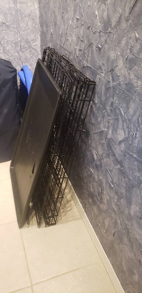 Forgot your crate at home? Want to go out and can't take your furbaby? No worries we will provide one for you!  It's a large one so it can either fit one large dog or two small dogs."Separation Anxiety=Costly Property Damage"  :)